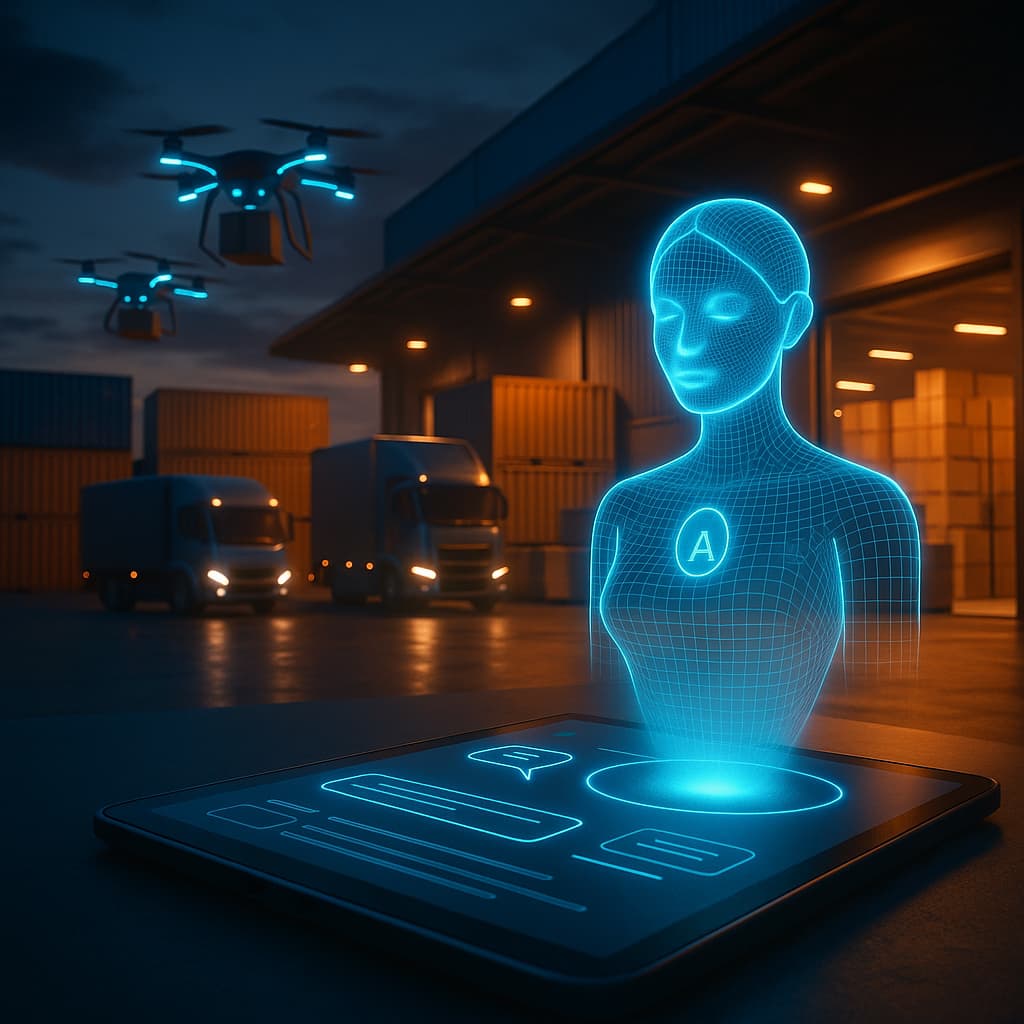 Holographic AI chatbot in a logistics warehouse