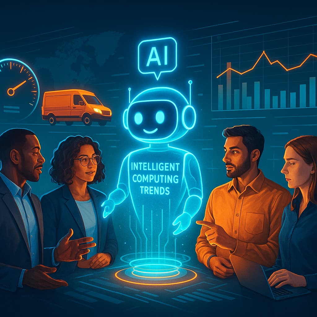 Diverse professionals interacting with a holographic AI chatbot in a logistics setting by Intelligent Computing Trends
