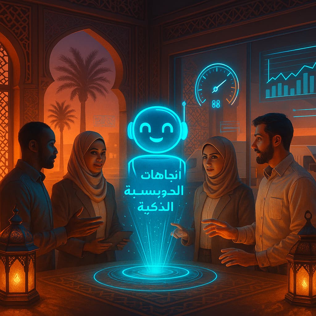 محترفون يتفاعلون مع روبوت دردشة ثلاثي الأبعاد في بيئة لوجستية